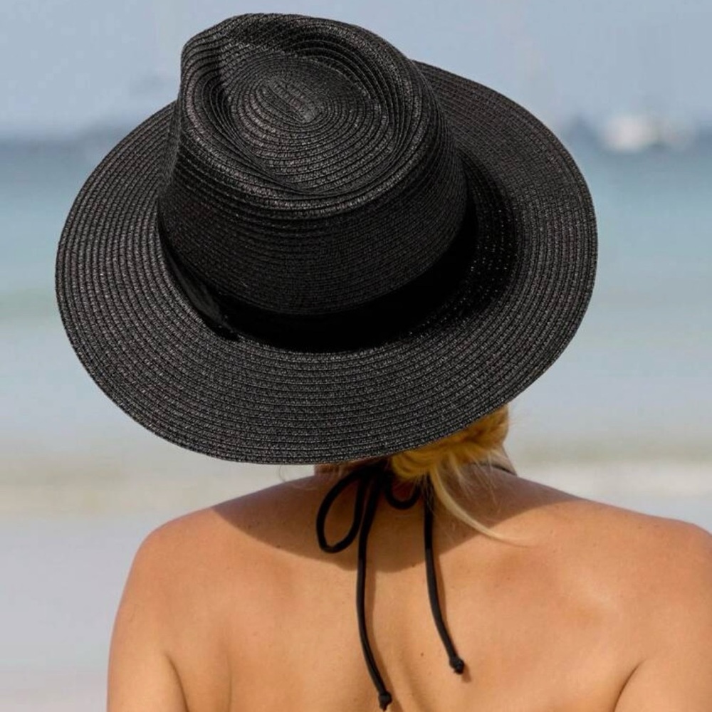 OLD NAVY Black Wide Brim Straw Panama Hat Fedora Summer Beach Sun Hat S/M